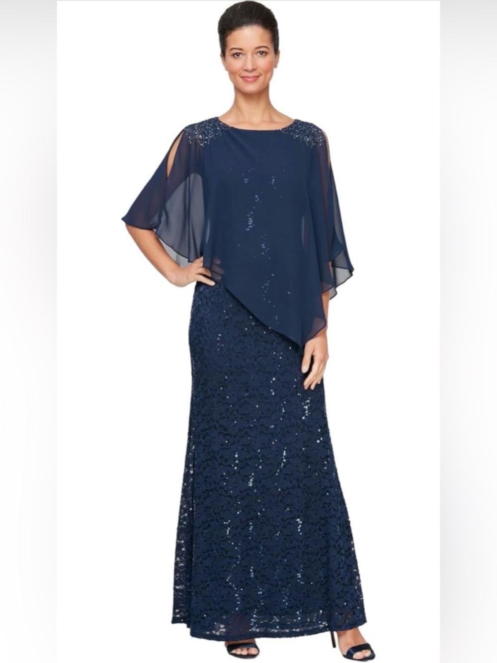 SL Fashions Elegant Navy Sequin Lace Evening Dress w/ Beaded Chiffon Capelet